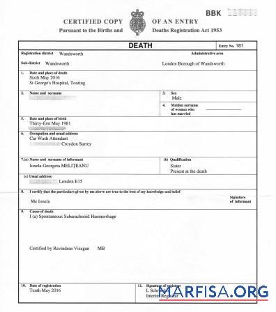 Blank UK Births and deaths registry of Wandsworth death certificate sample